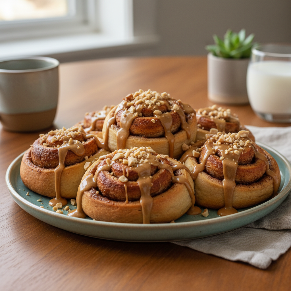 Finished banana bread cinnamon rolls with peanut butter drizzle