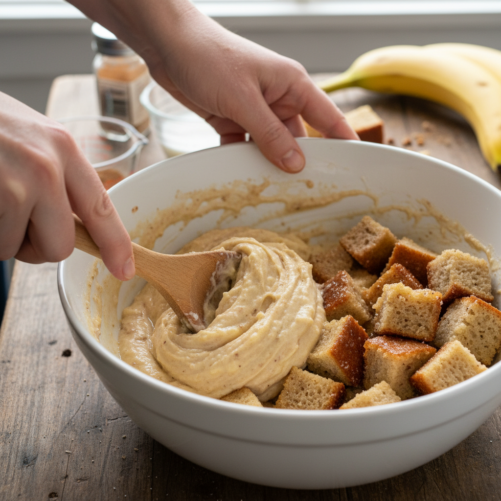 Mixing the custard ingredients for Banana Bread Pudding Cake