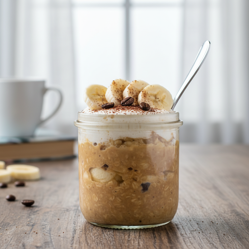 Banana Cappuccino Overnight Oats ready to serve with toppings