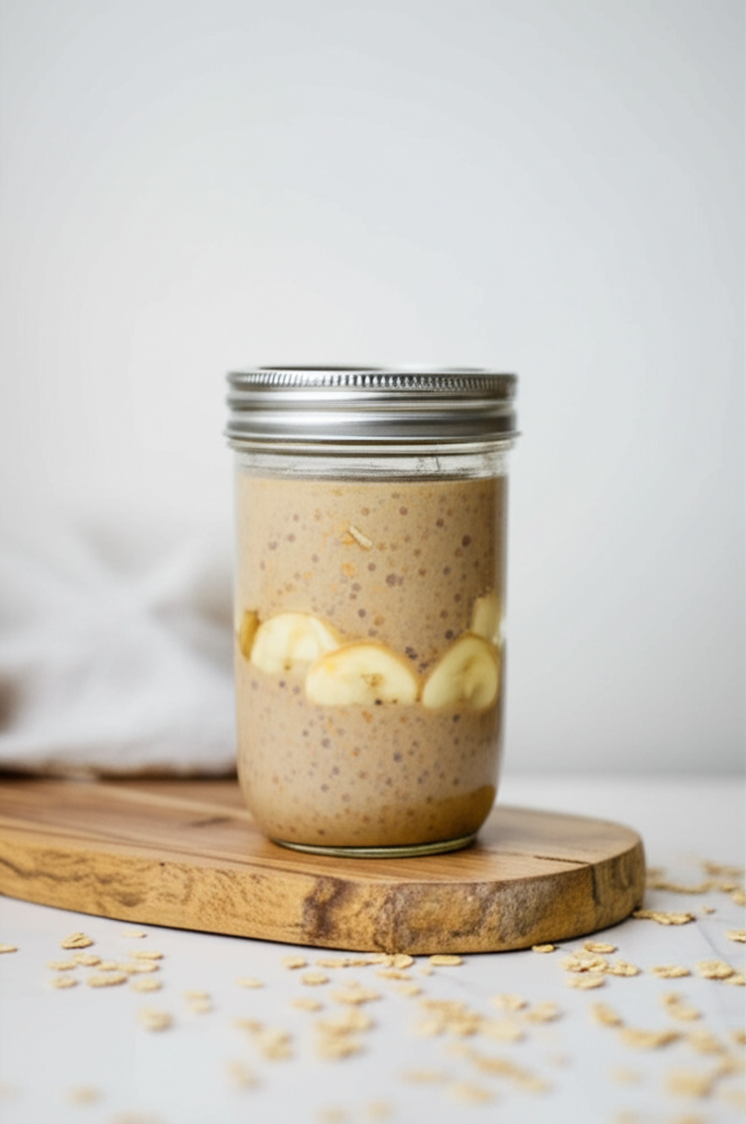 Banana Cappuccino Overnight Oats in serving glass with coffee