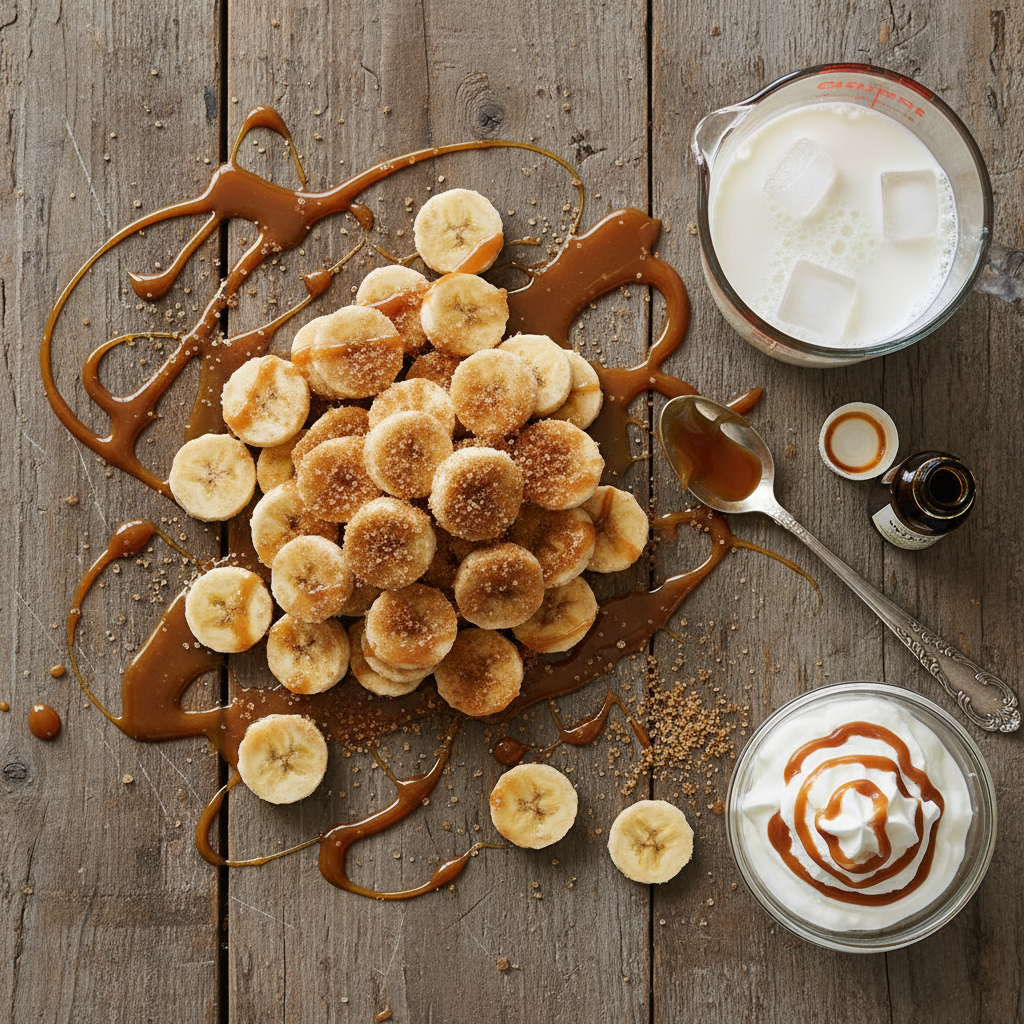 Banana Caramel Frappé ingredients laid out