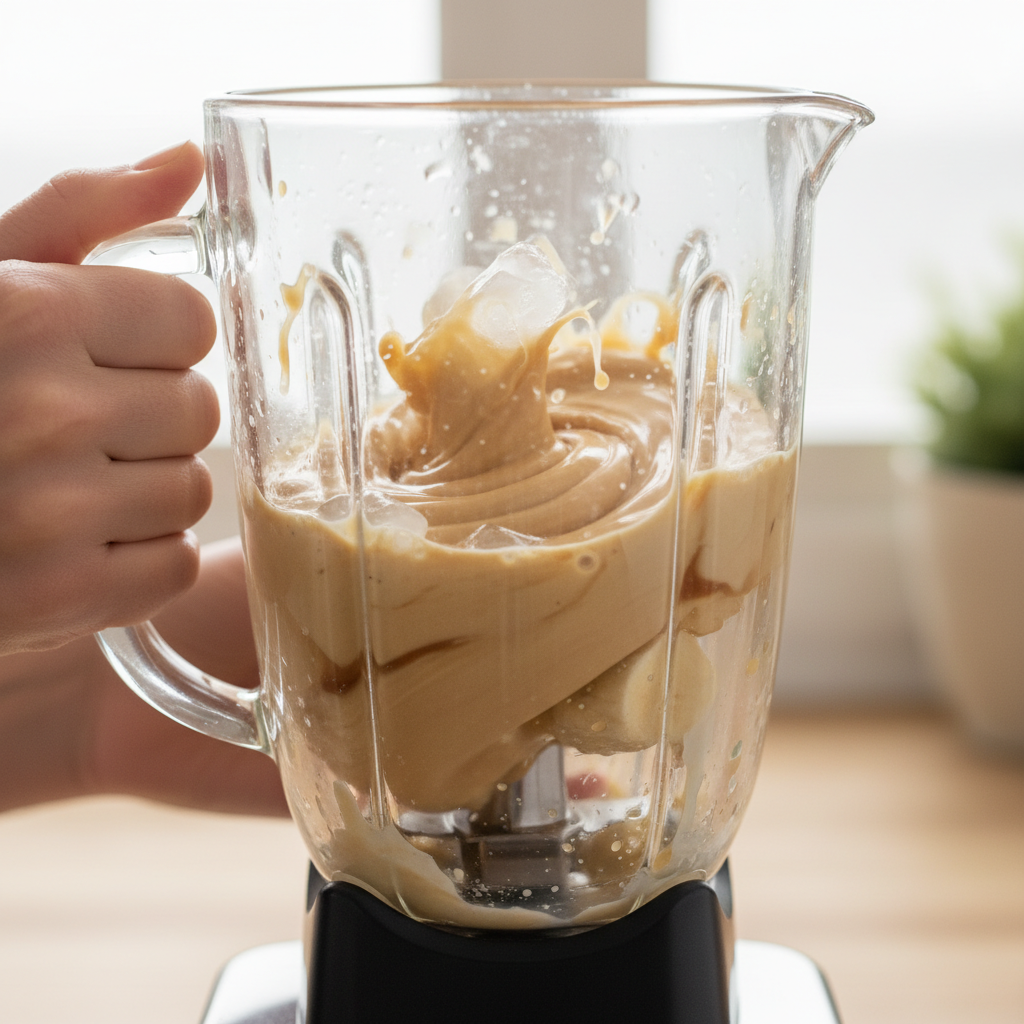 Blending Banana Caramel Frappé ingredients in blender