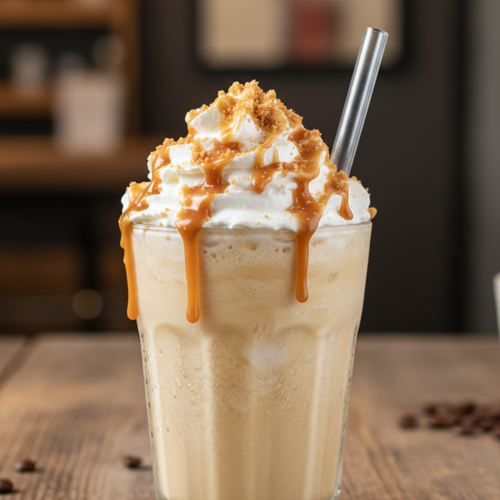 Finished Banana Caramel Frappé served with whipped cream and caramel drizzle