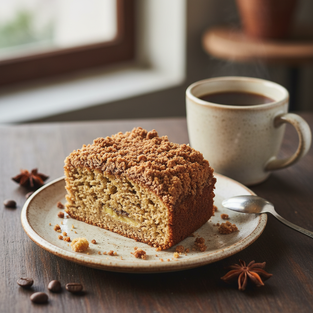Freshly baked banana coffee cake on a plate