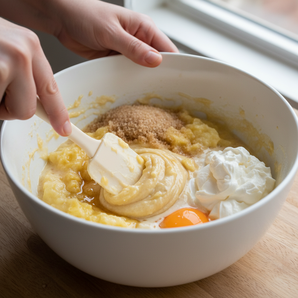 Mixing wet banana cake ingredients