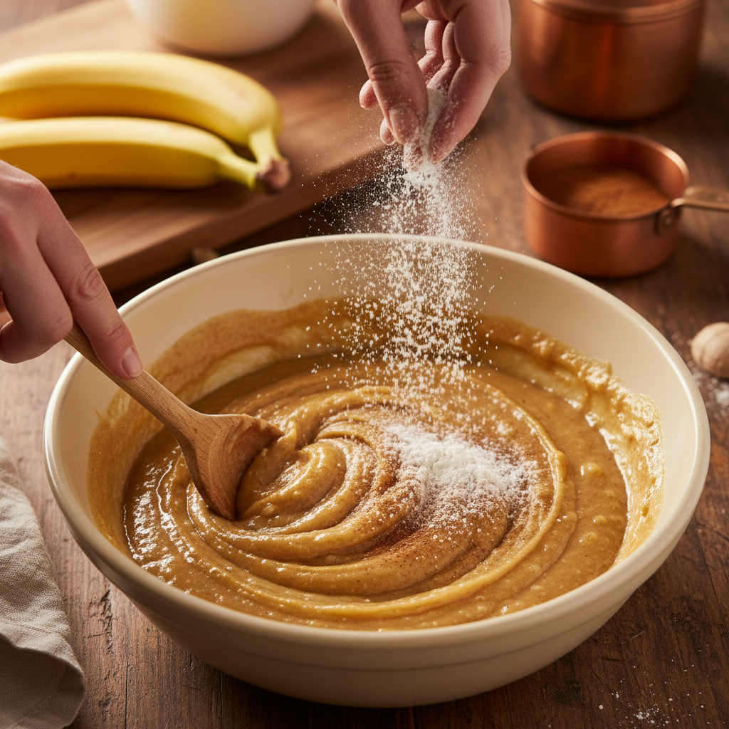 Mixing wet and dry ingredients for muffins