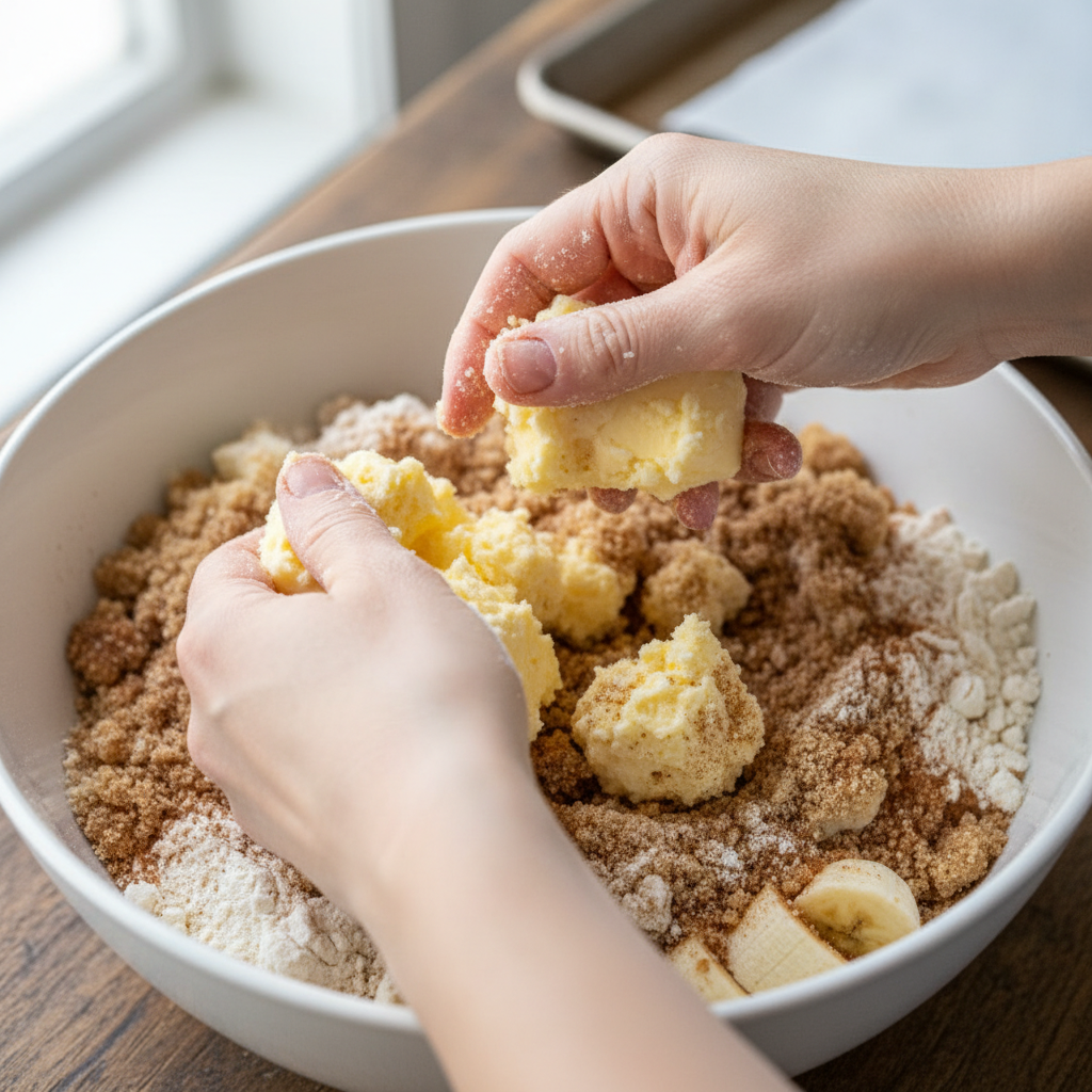 Mixing crumb topping ingredients in bowl