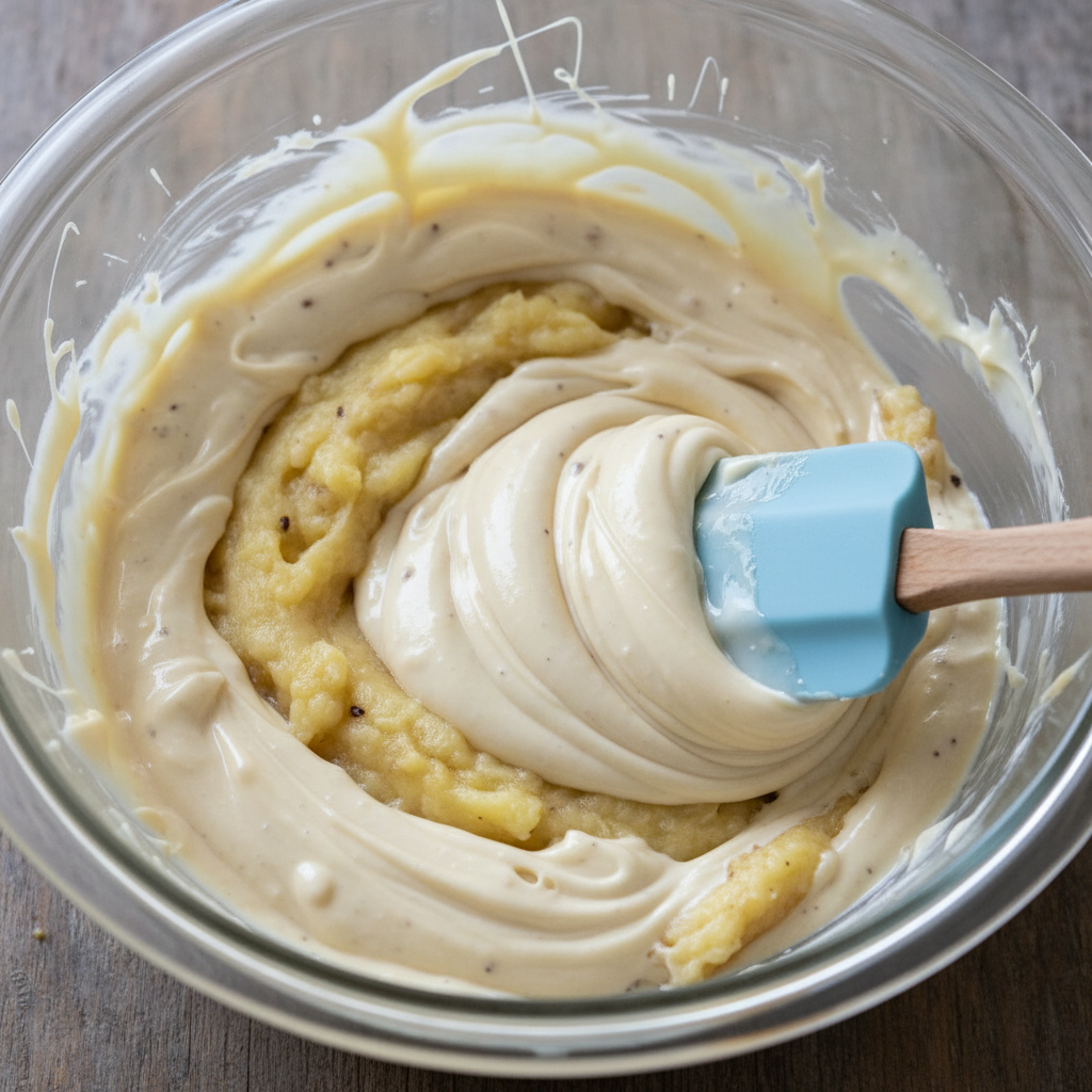 Mixing mashed banana and vanilla extract into melted chocolate