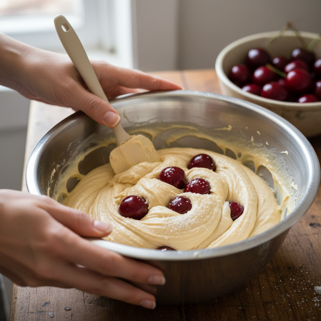 Folding cherries gently into batter
