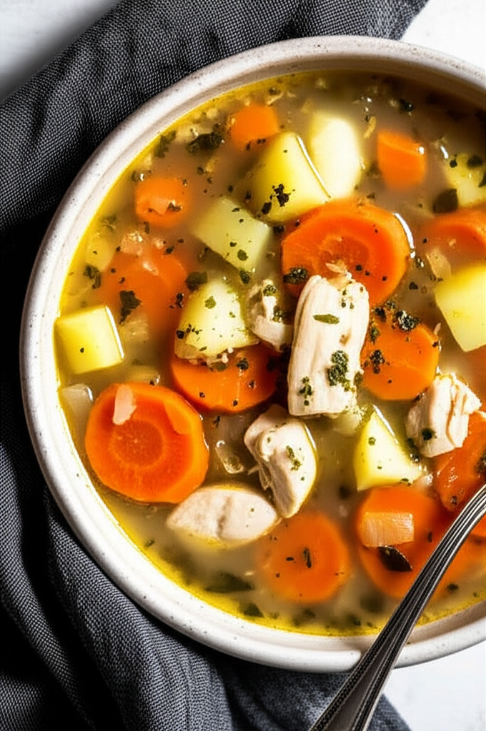 Chicken vegetable soup in a bowl