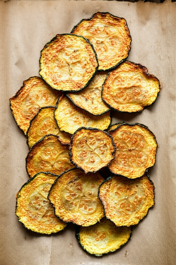 Golden brown crispy baked zucchini chips on a plate