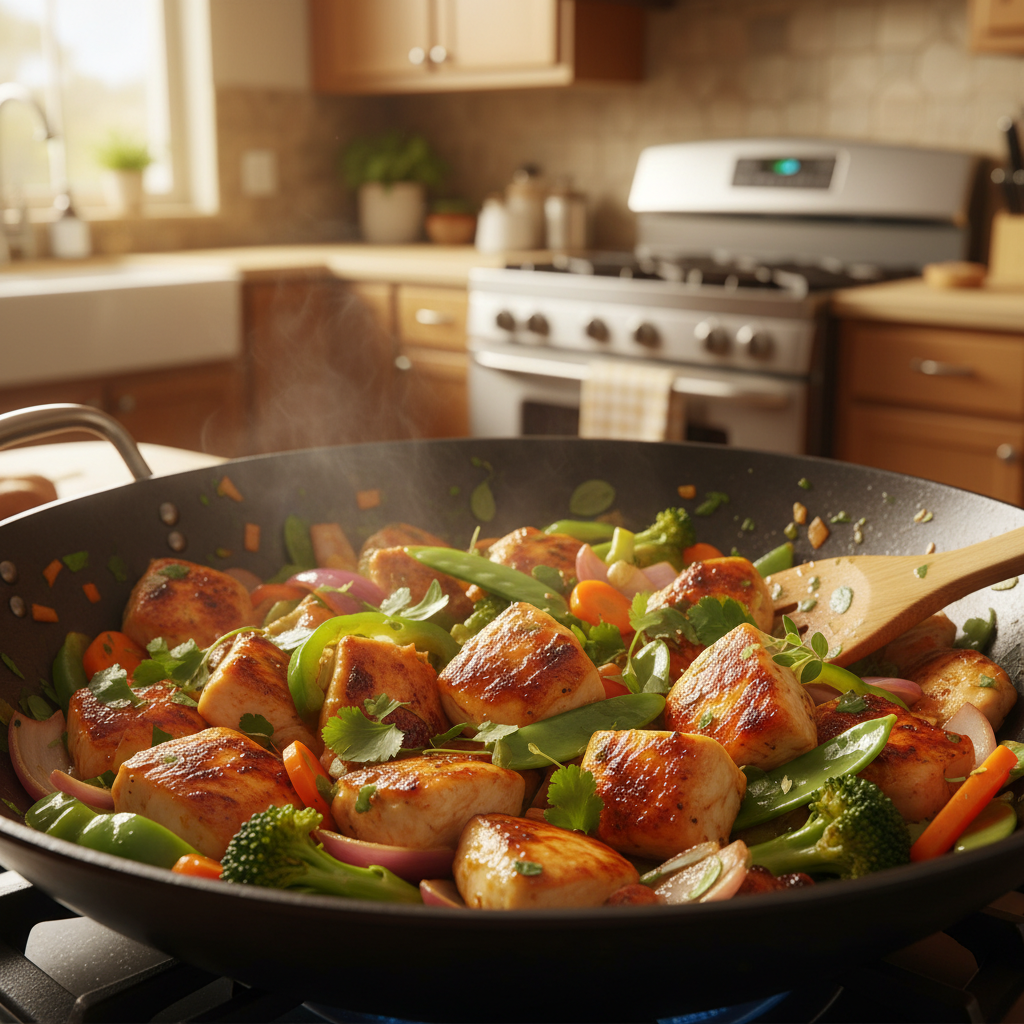 Stir-fried chicken with mixed vegetables in a pan