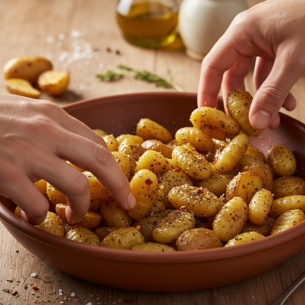Golden brown and crispy gnocchi cooking in olive oil