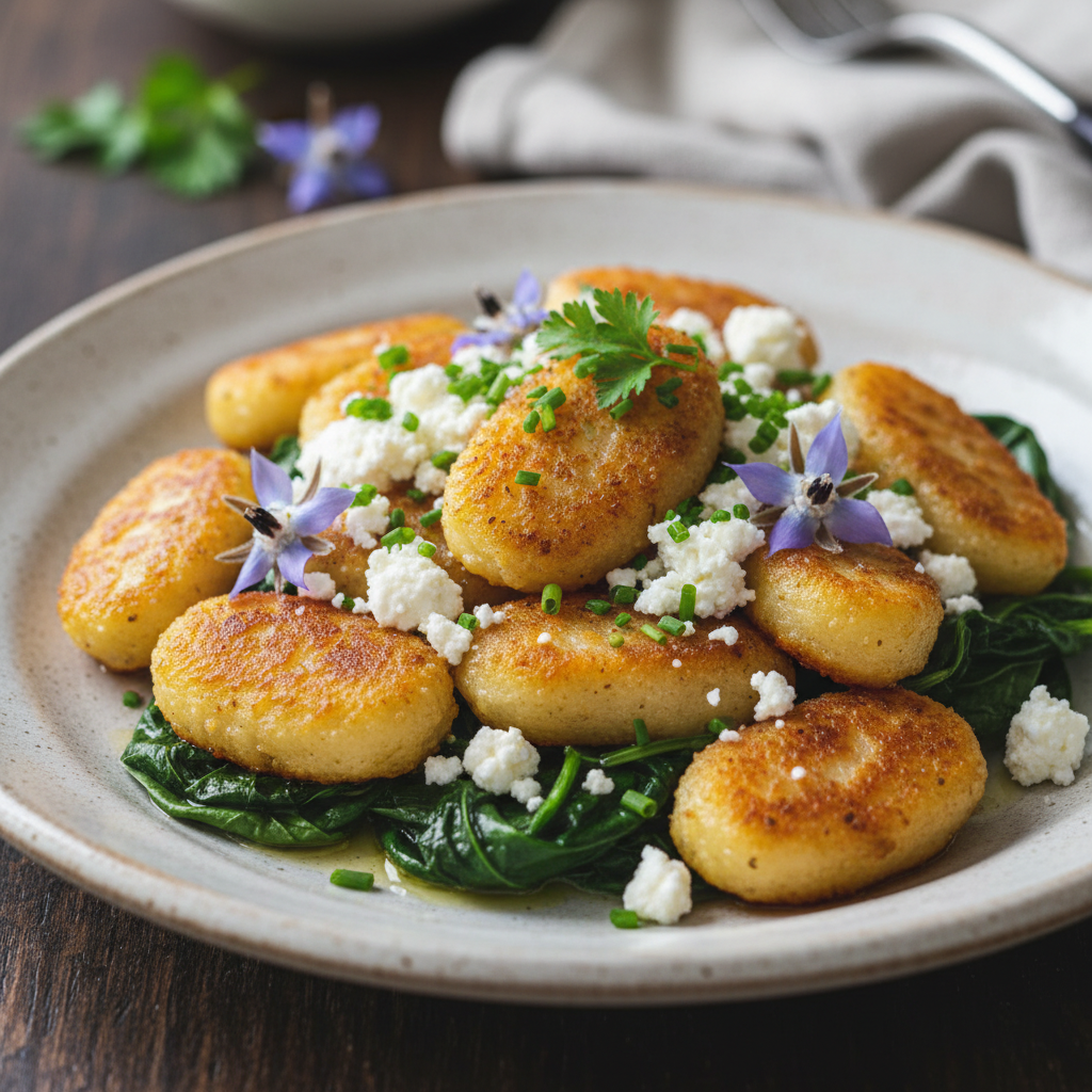 Serving the crispy gnocchi with spinach and feta on a shared plate