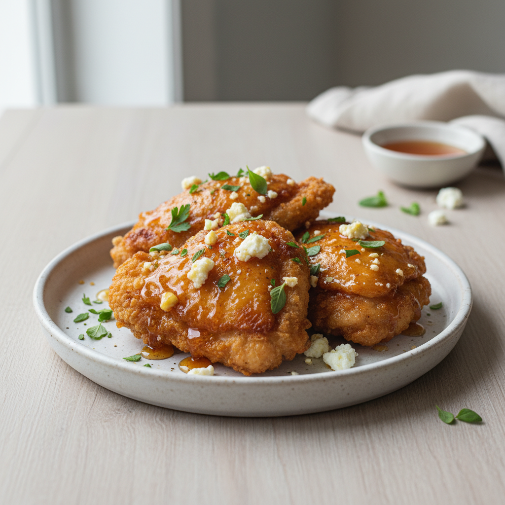 Finished crispy hot honey feta chicken ready to eat