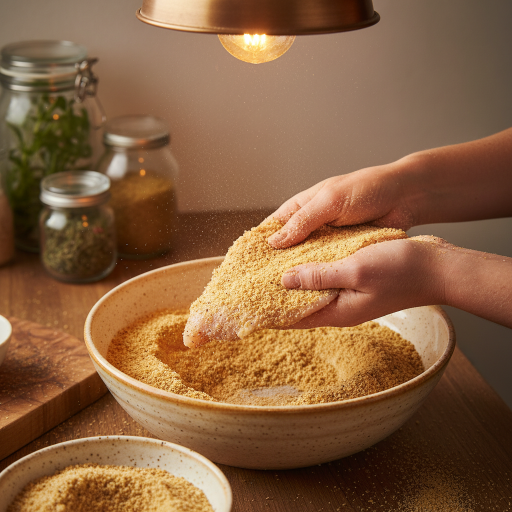 Chicken cutlets coated with flour, egg, and panko breadcrumbs ready for frying