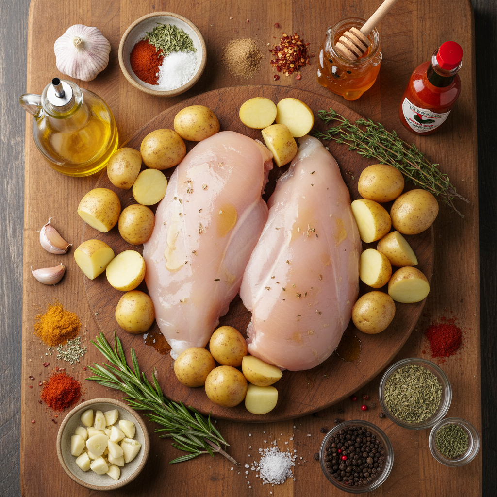 Ingredients for crispy hot honey feta chicken laid out