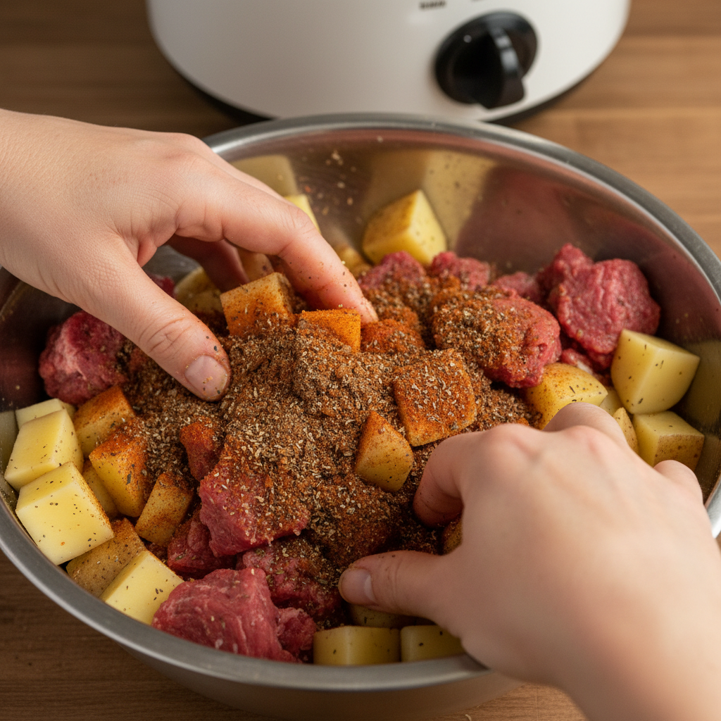 Coated beef and vegetables before cooking