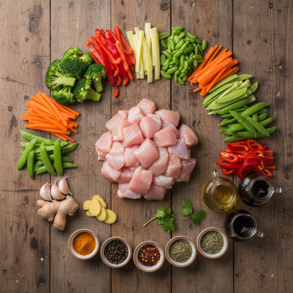 Ingredients for stir-fried chicken with mixed vegetables