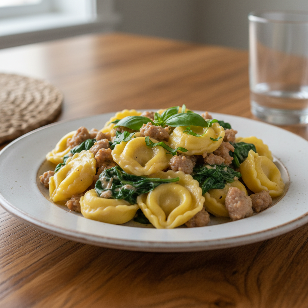 Prepared Crockpot Cheese Tortellini and Sausage served alongside bread and salad