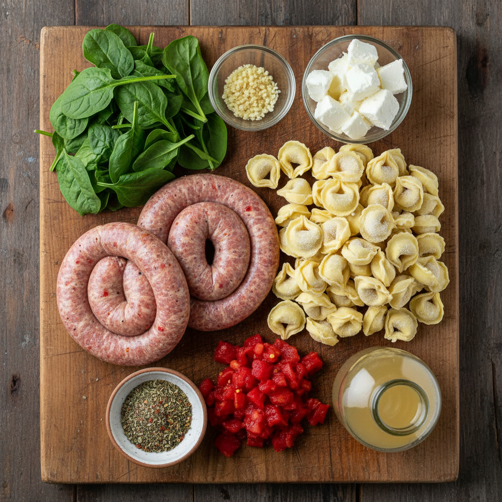 Ingredients for Crockpot Cheese Tortellini with Sausage laid out