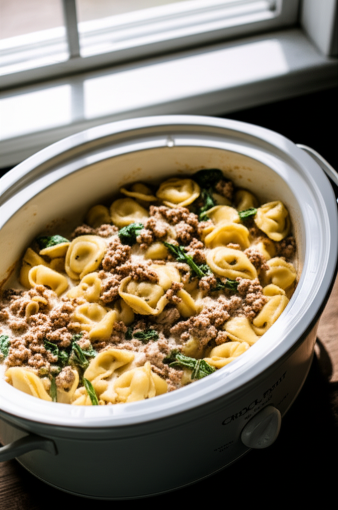 Prepared Crockpot Cheese Tortellini with Sausage served in bowl