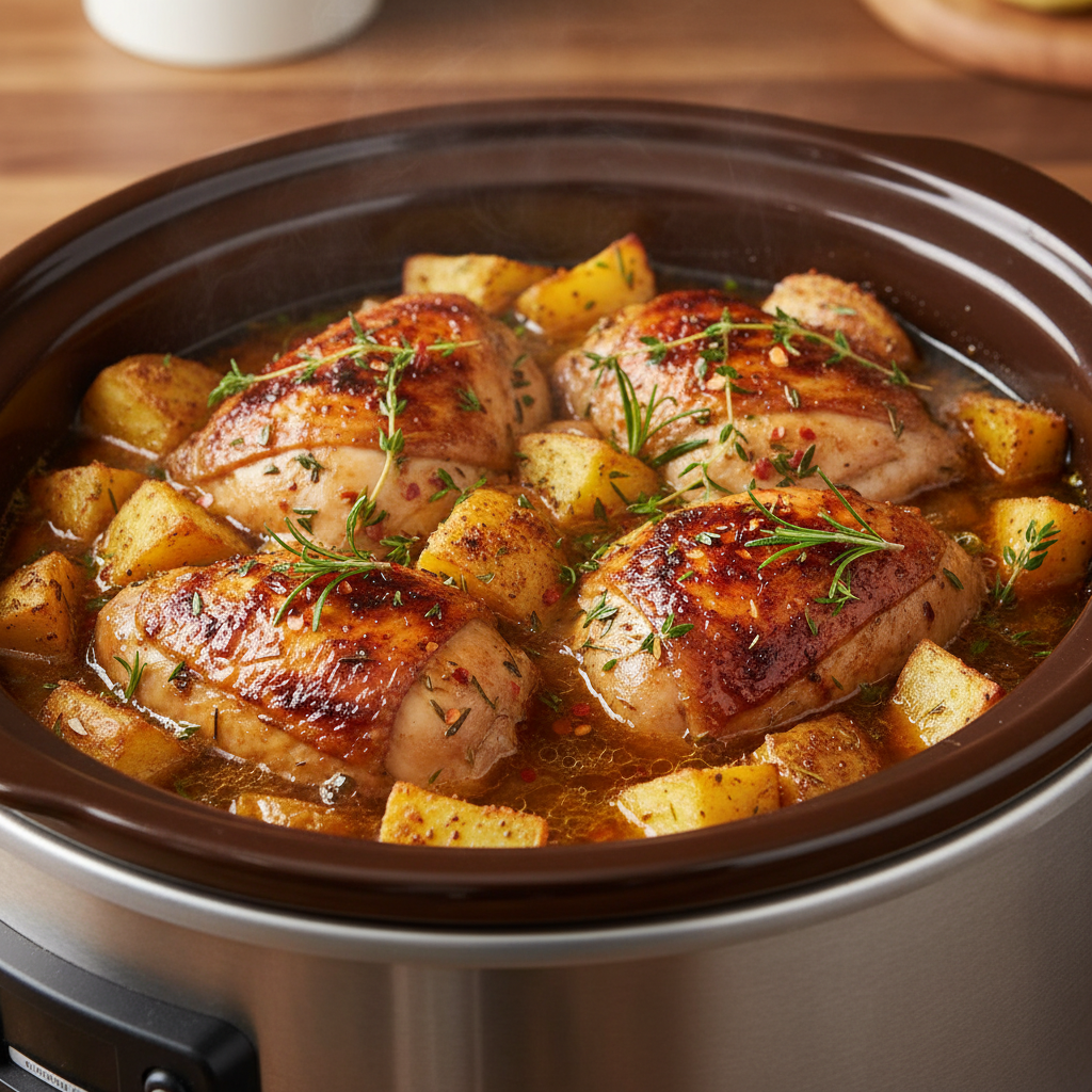 Crockpot Garlic Parmesan Chicken and Potatoes in slow cooker