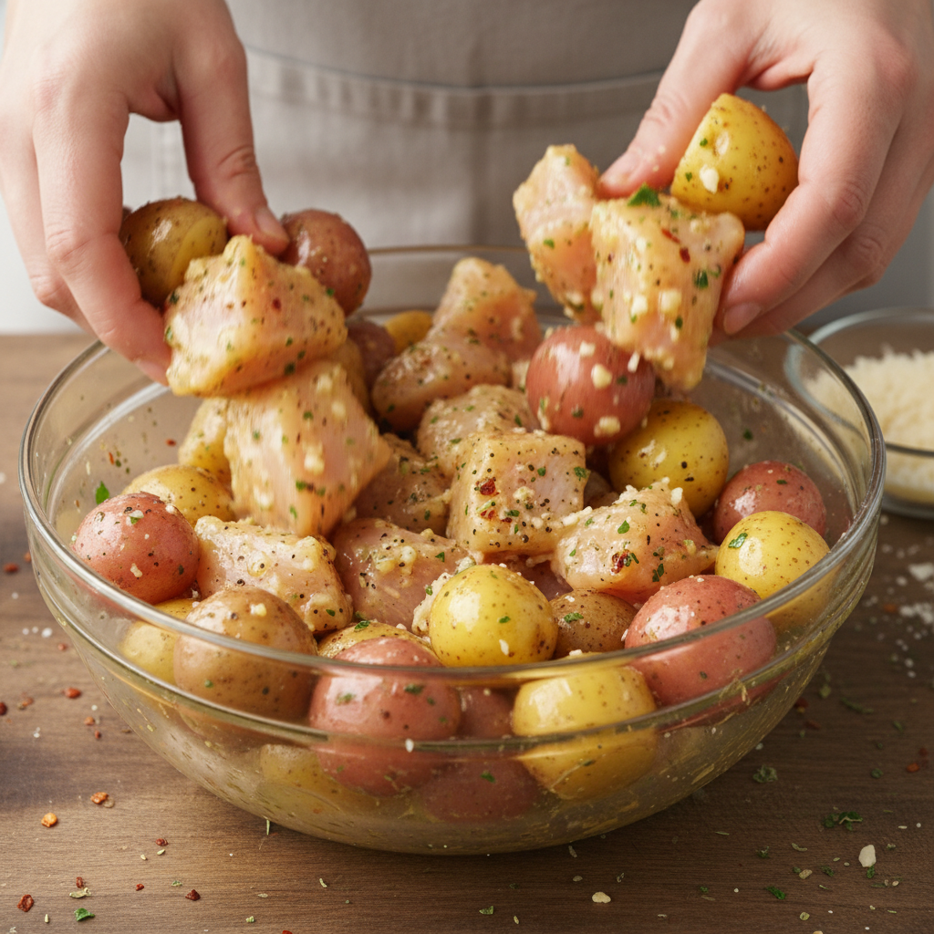 Mixing garlic Parmesan butter sauce with ingredients in a bowl