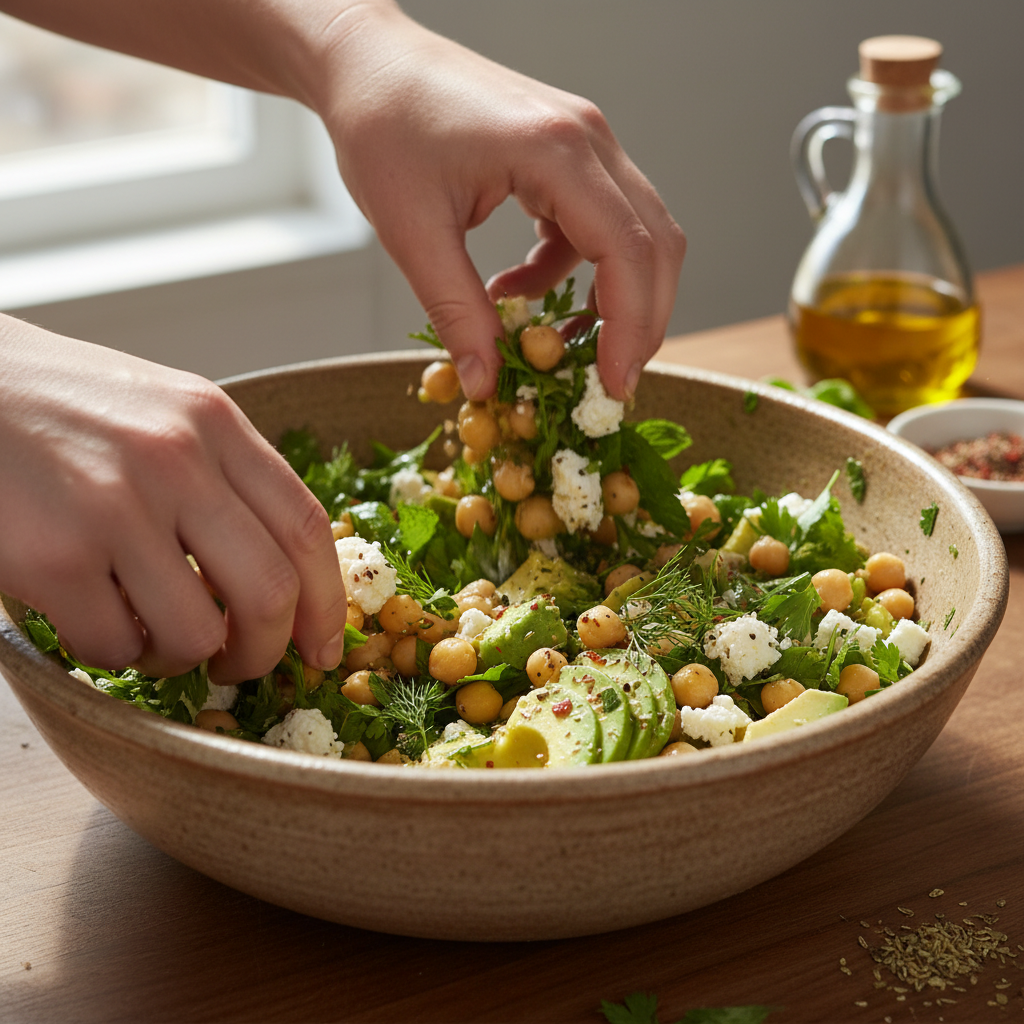 Mixing salad ingredients for Chickpea Feta Avocado Salad