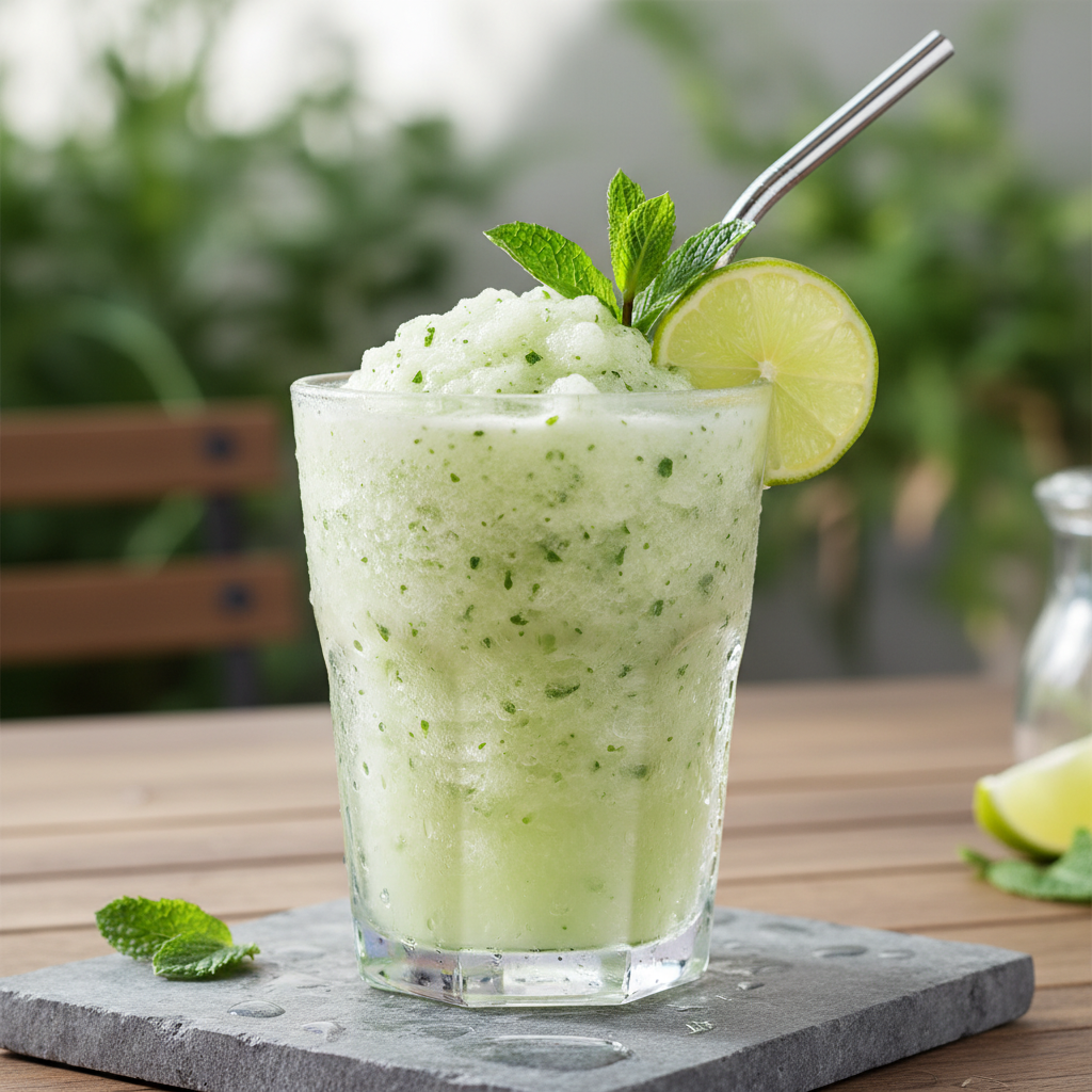 Refreshing cucumber lime mint frappe served elegantly in glass