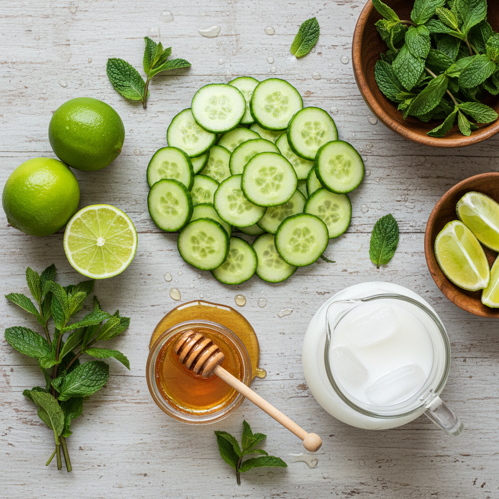 Fresh ingredients for cucumber lime mint drink all arranged