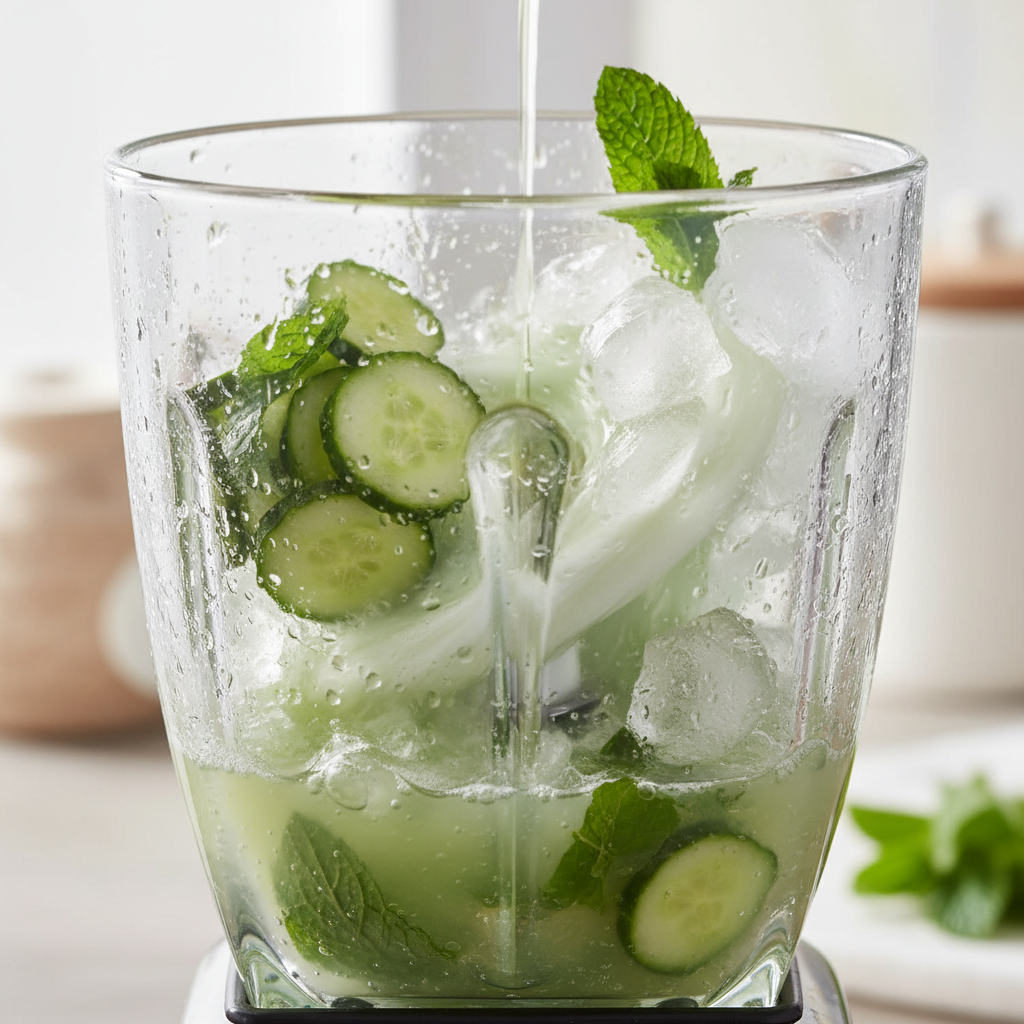 Ingredients added in blender for cucumber lime mint drink ready to blend