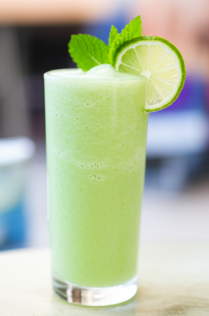Refreshing cucumber lime mint drink in a glass with garnish