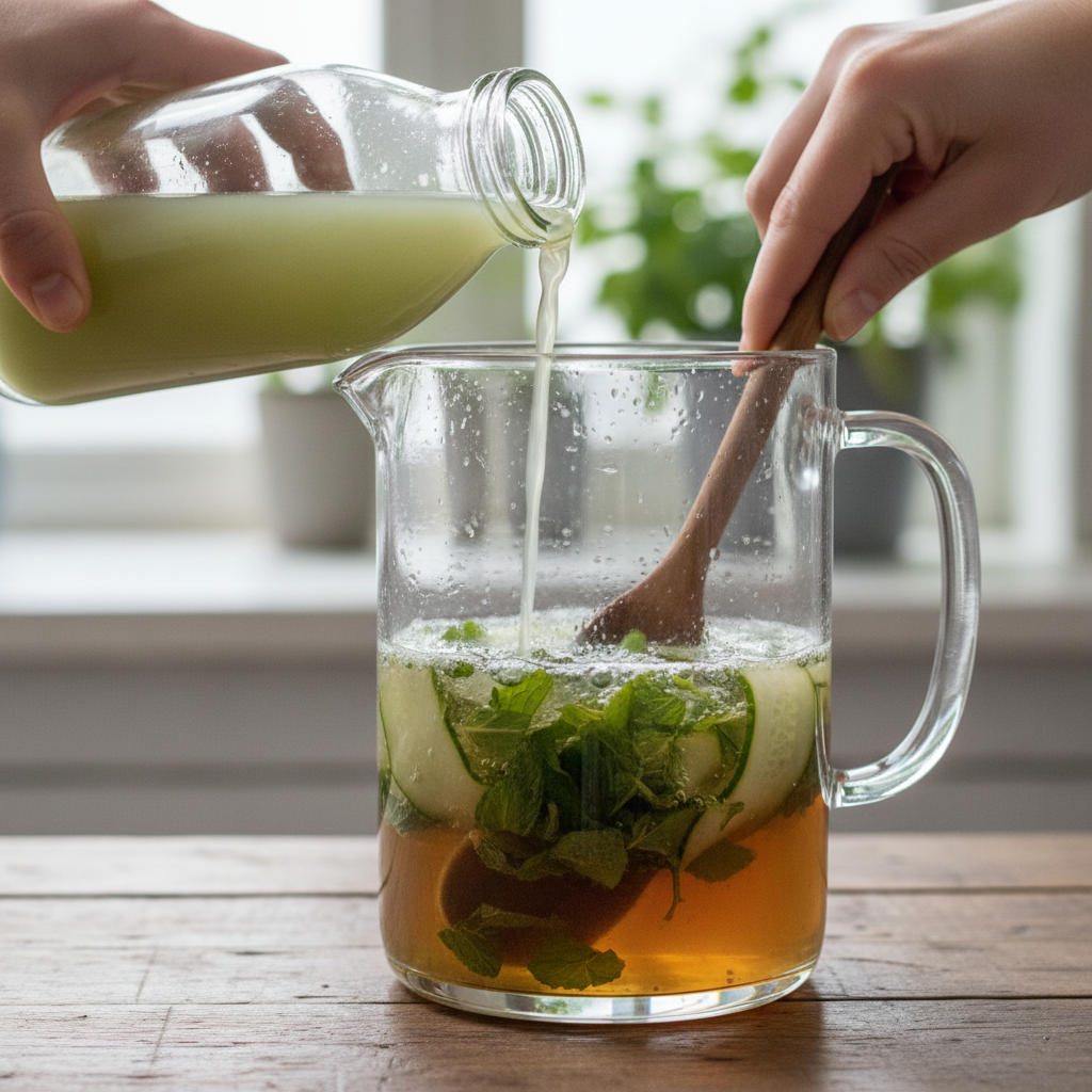 Mixing cooled tea, cucumber juice, and chopped mint