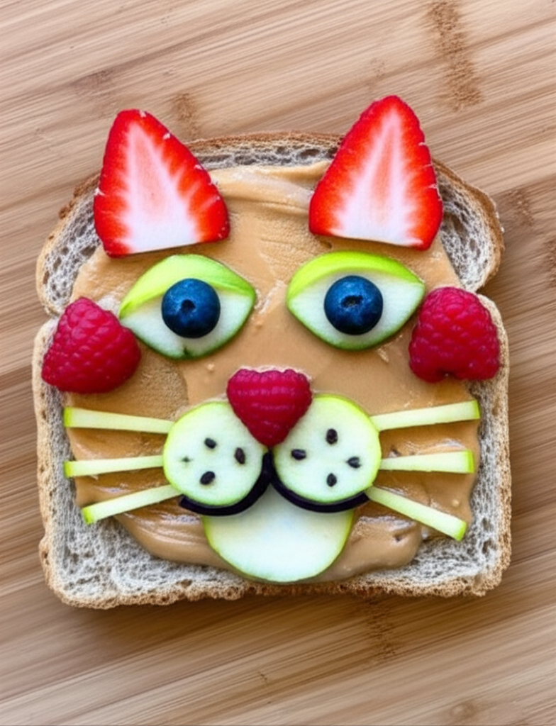 Animal face toast with fruits and peanut butter
