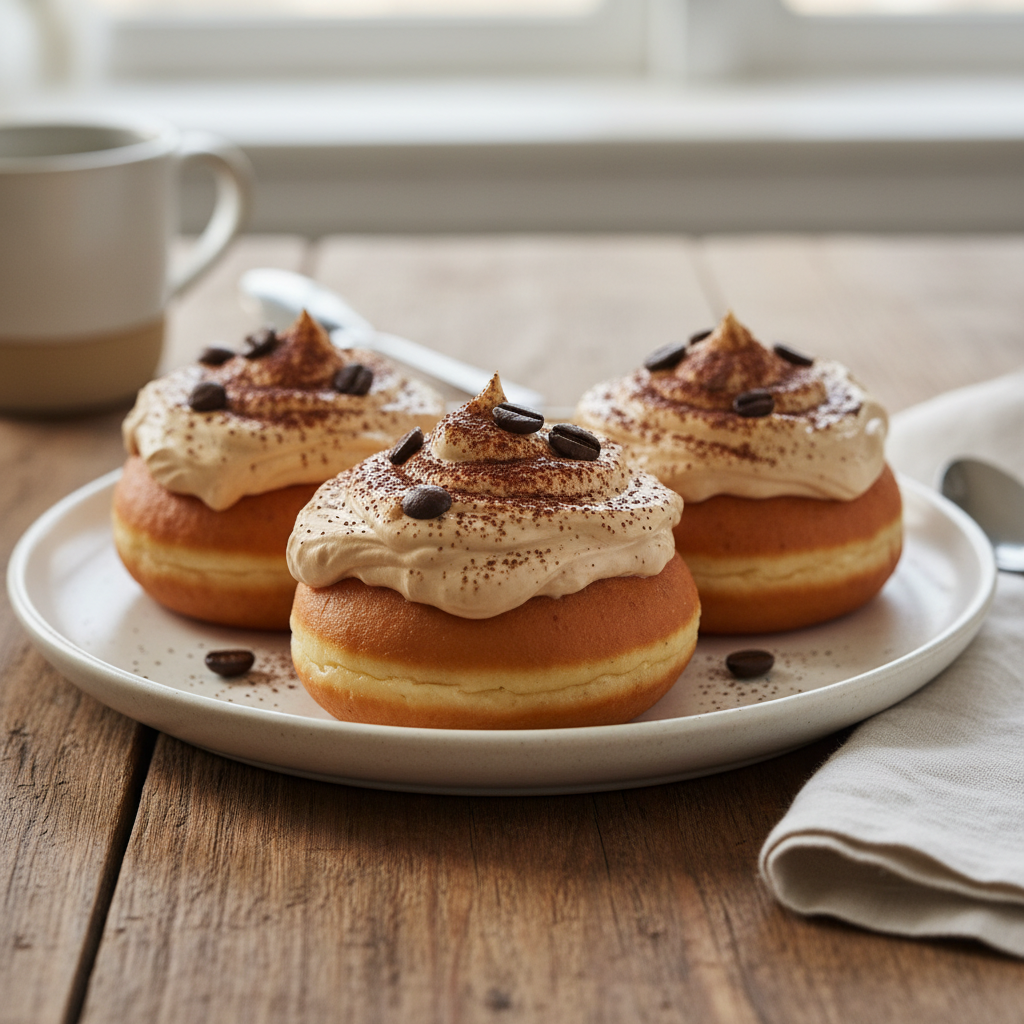 Finished Dalgona Coffee Doughnuts with cocoa dust and coffee beans