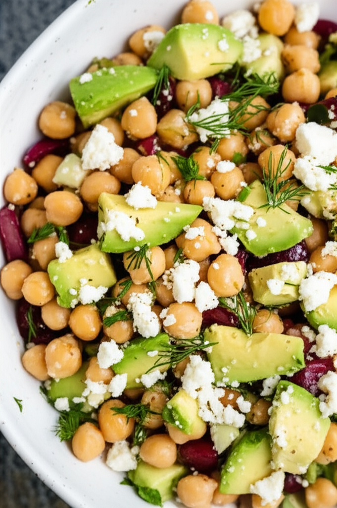 Fresh bowl of Chickpea Feta Avocado Salad
