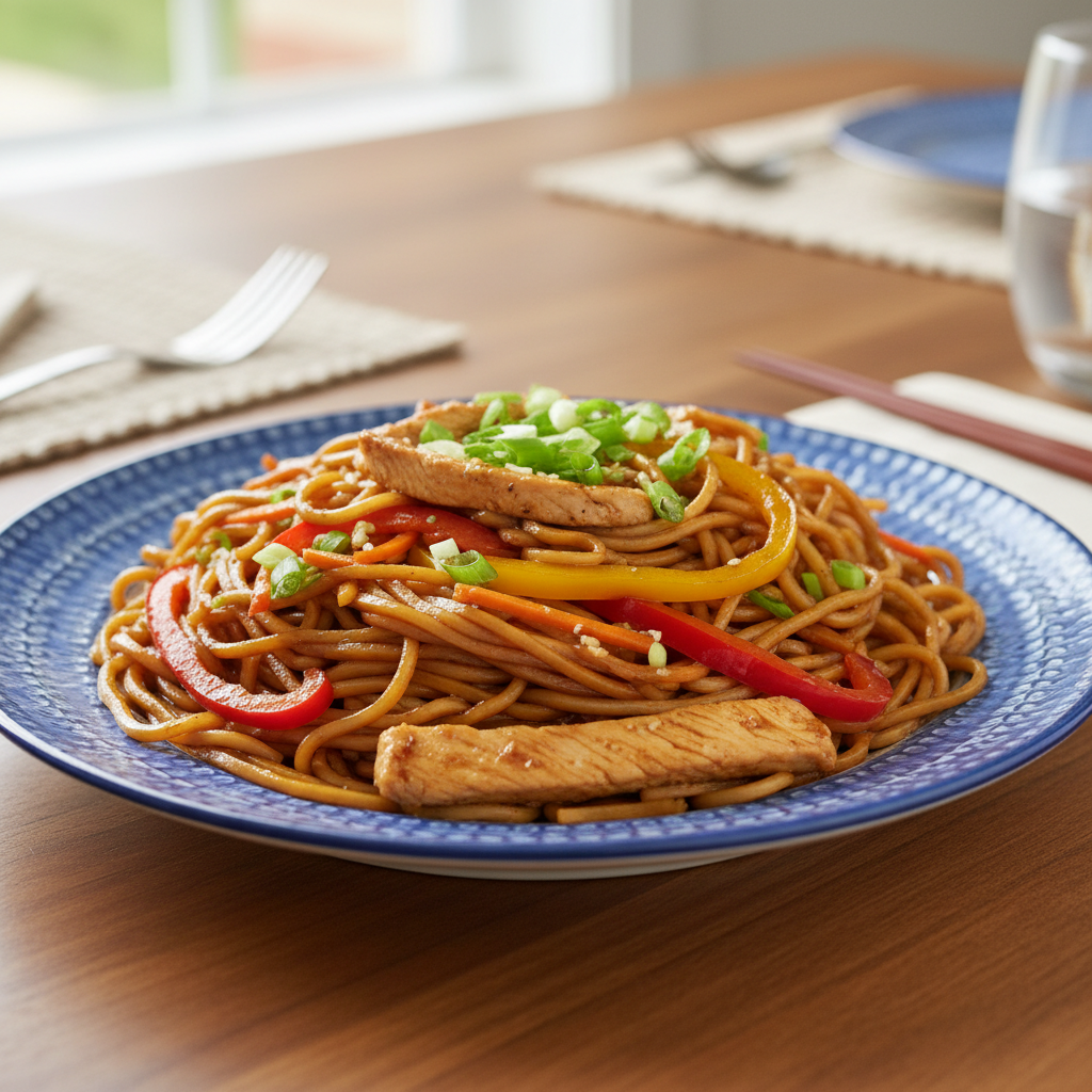 Final plated Chicken Lo Mein ready to eat