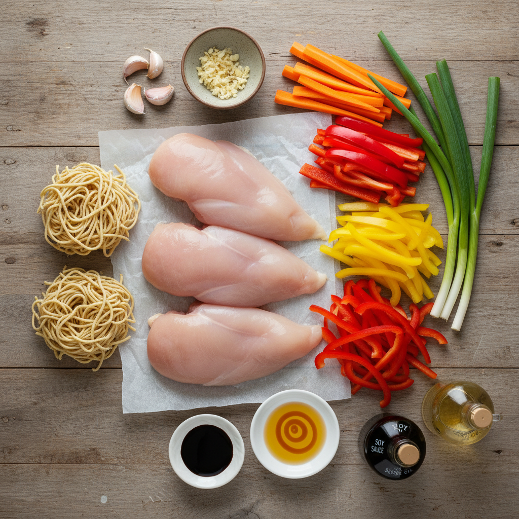 Ingredients for Chicken Lo Mein laid out on a kitchen counter