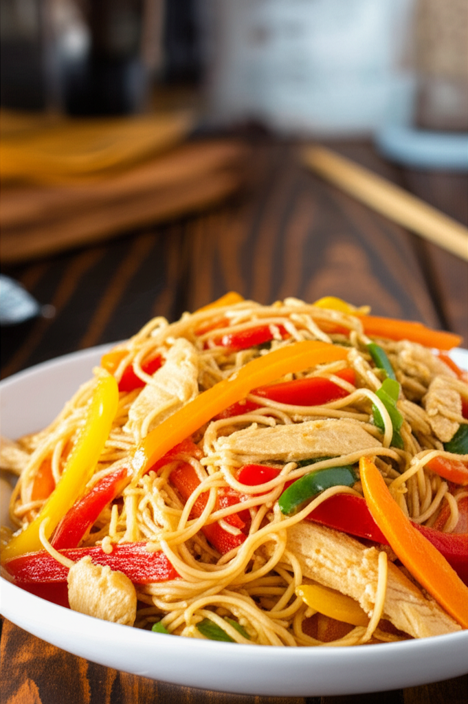 Chicken Lo Mein dish served in a bowl with chopsticks