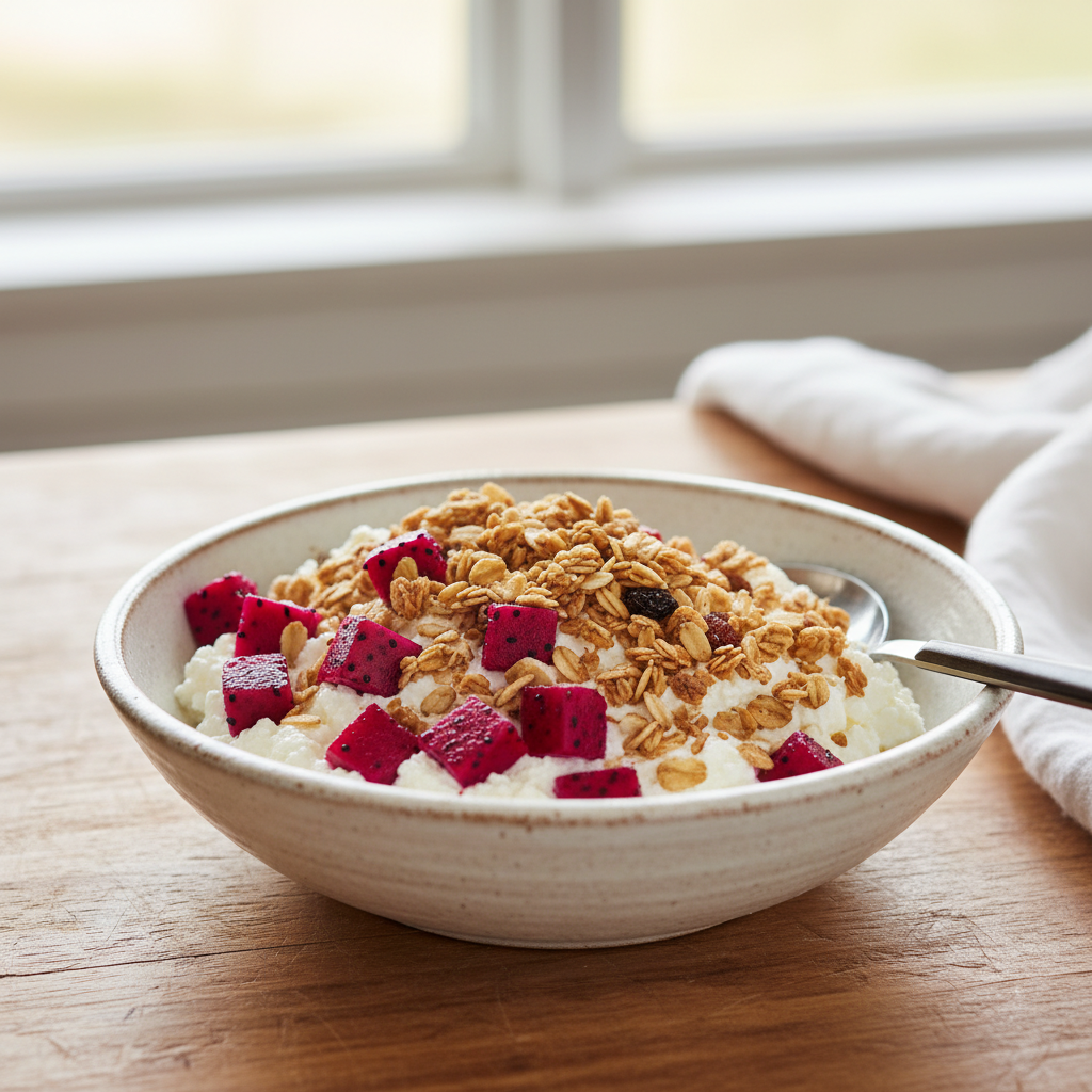 Whipped cottage cheese with dragon fruit served ideas