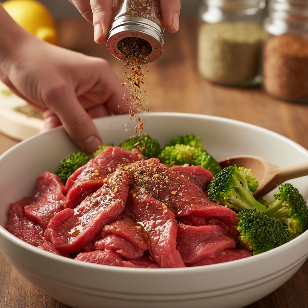Ingredients for beef and broccoli recipe arranged