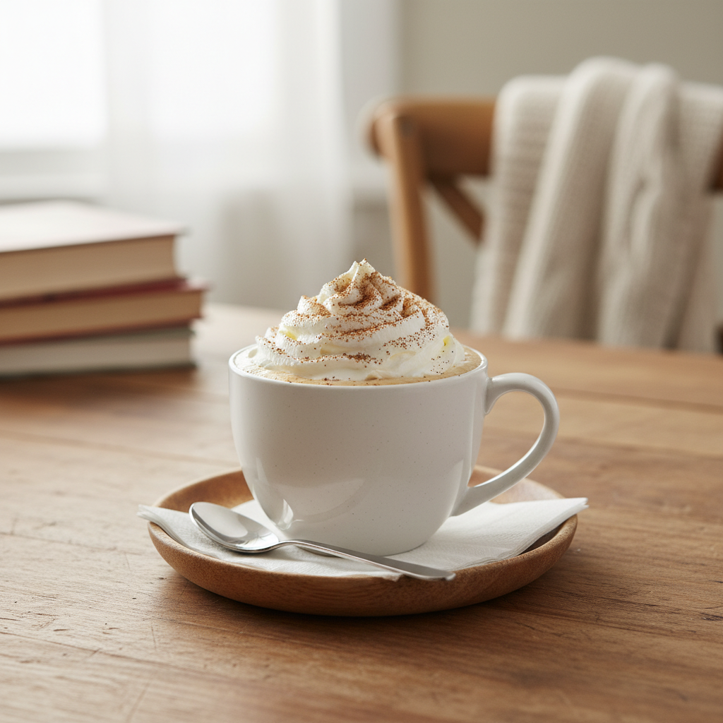 Finished eggnog latte with whipped cream and cinnamon stick garnish