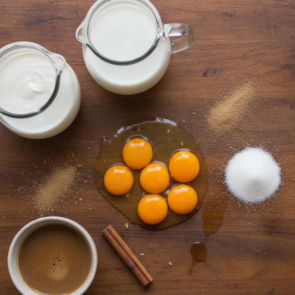 Ingredients for eggnog latte laying on table