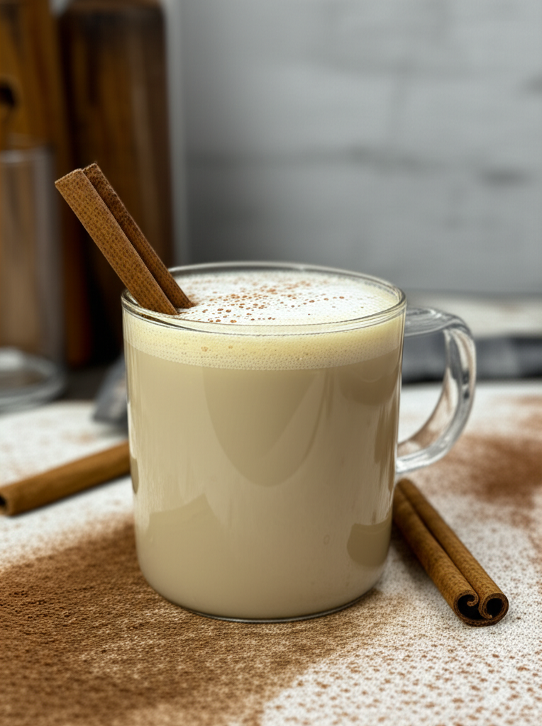 Warm creamy eggnog latte in festive mug
