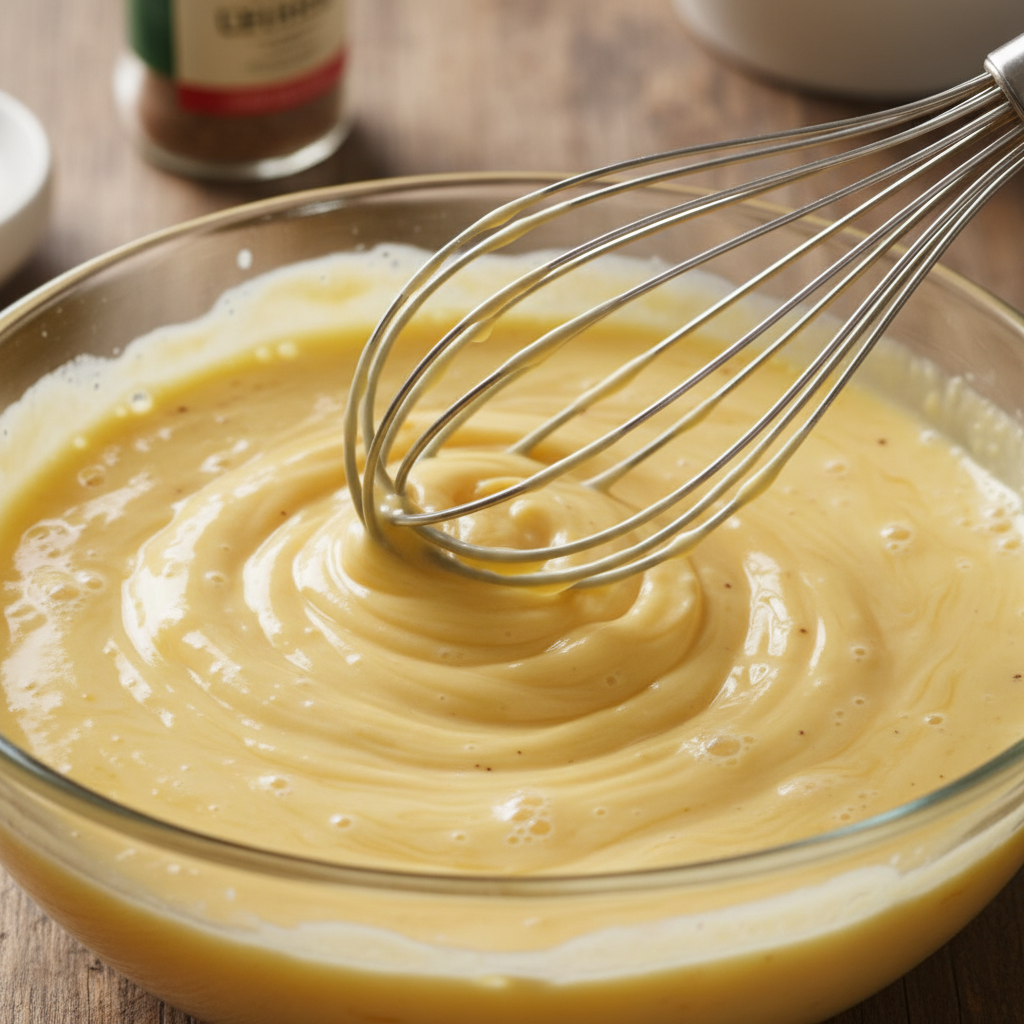 Tempering egg yolks with hot milk in bowl