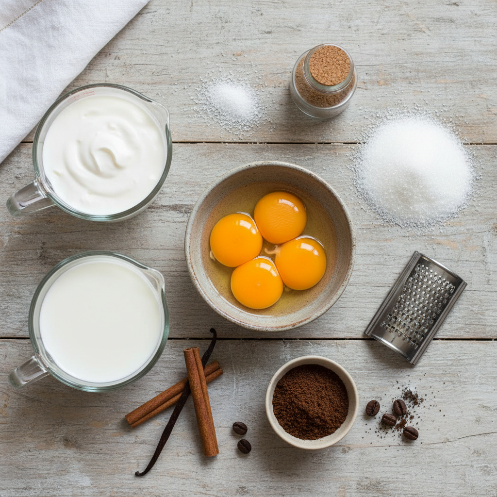 Ingredients for eggnog latte recipe arranged on a counter