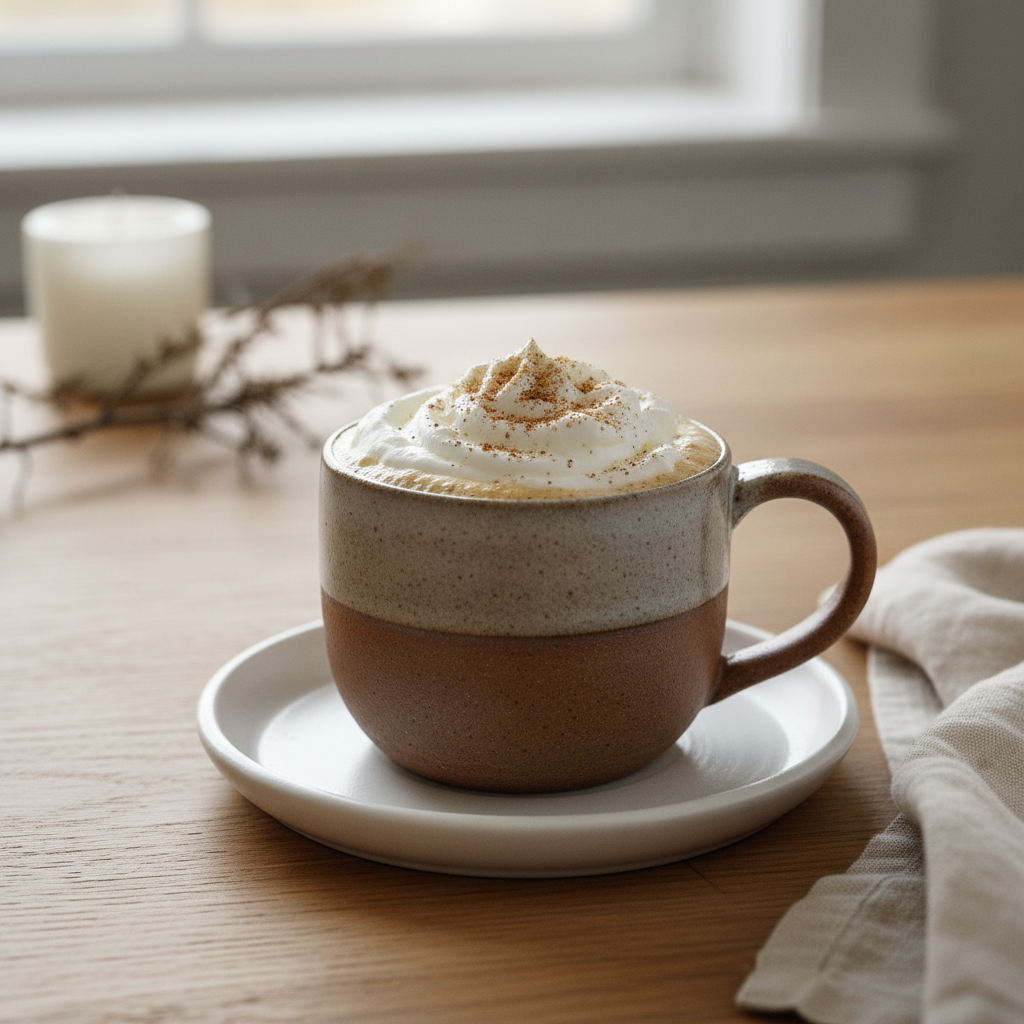 Finished eggnog latte garnished with whipped cream and nutmeg