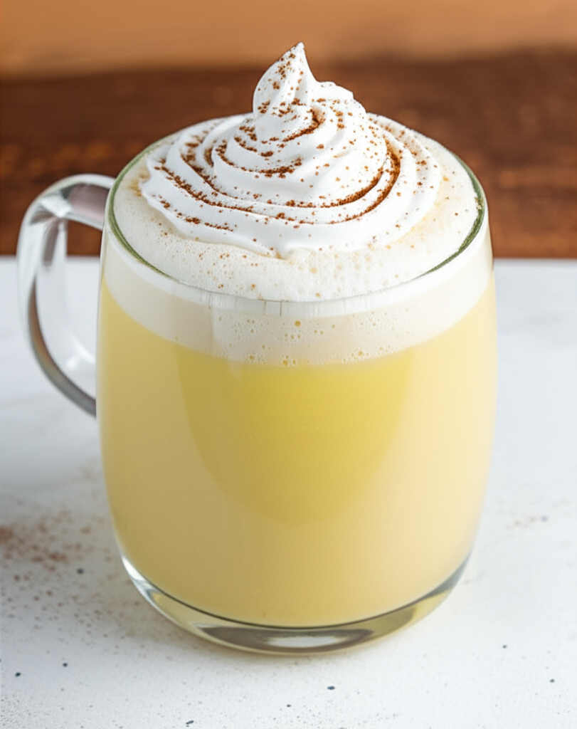 Warm creamy eggnog latte in holiday setting