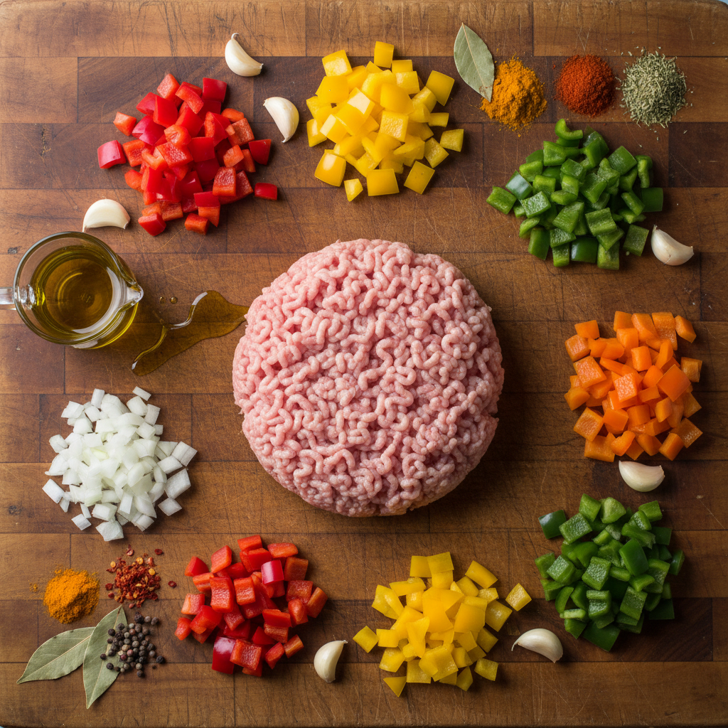 Ingredients for Ground Turkey and Peppers arranged